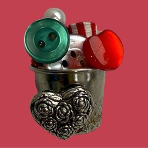Sewing Themed Brooch Pin Thimble Buttons Fabric Notions Silver Tone Heart